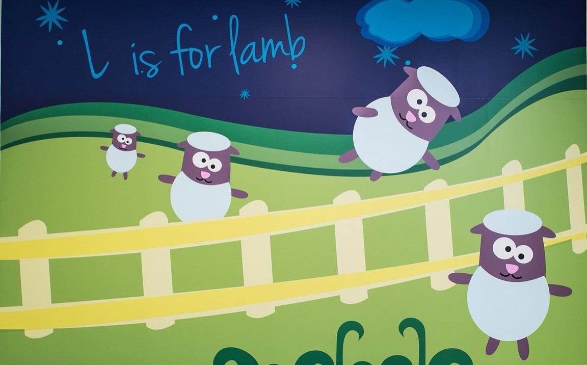 Child-friendly lamb mural in an exam room at ABC Pediatric Clinic